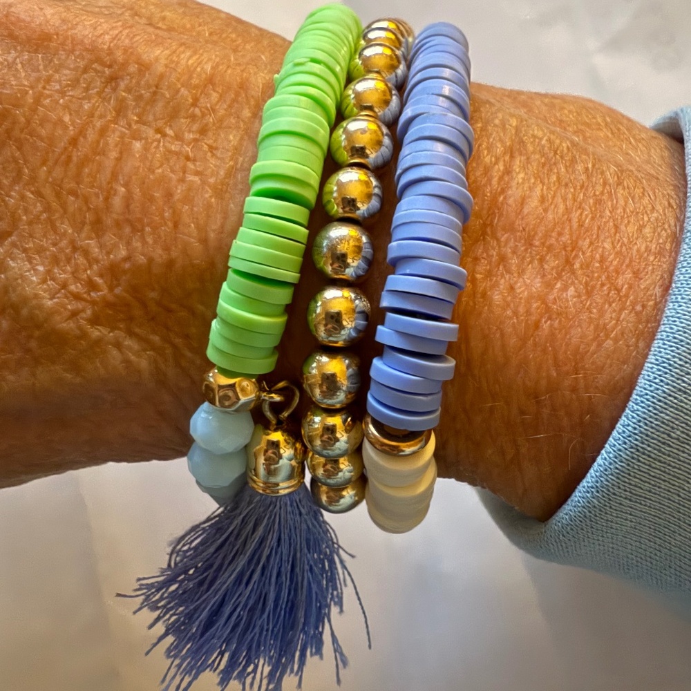 Lilly Pulitzer Bracelet Stack, light blue, mint green & gold w/ tassel, O.S.F.A.